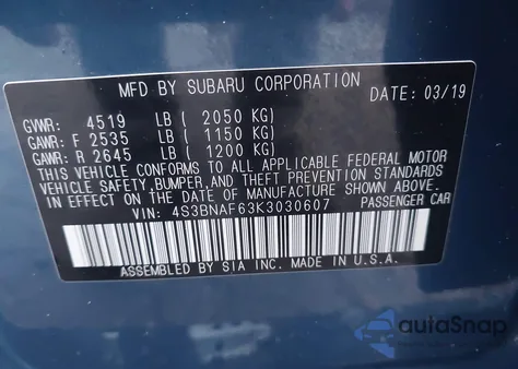 2019 Subaru Legacy 2.5I Premium from USA, damaged, VIN 4S3BNAF63K3030607